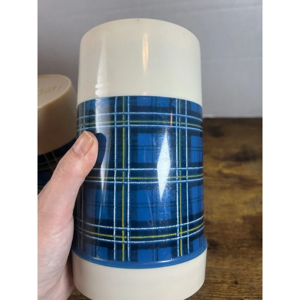 Vintage Aladdin Best Buy Blue Plaid Pint Wide Mouth Thermos Bottle USA Lot of 2